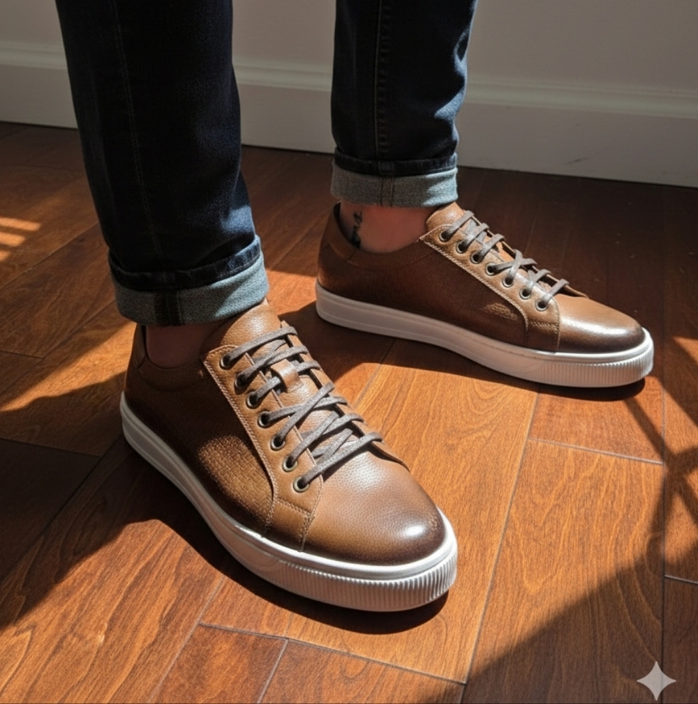 NIB Baccus Shoemaker Hand-Painted Brown Woven Leather Sneakers